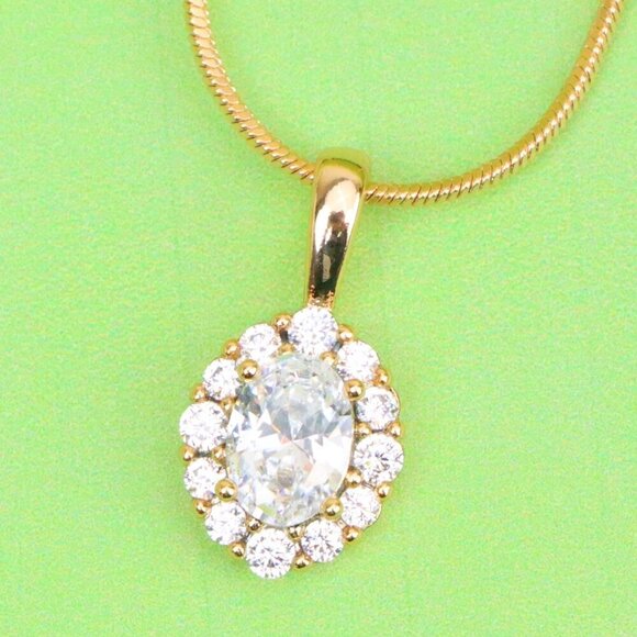 "Oval White Pendant with Halo Design in Gold-Plated Brass Setting, XPPT1812 - Picture 1 of 14